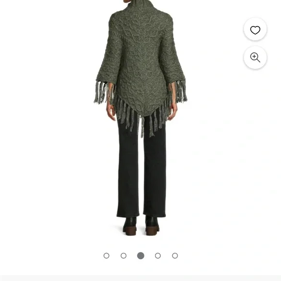 Boho Fringe Poncho Sweater Olive Green Turtleneck Cozy Oversized Cape - Picture 2 of 7